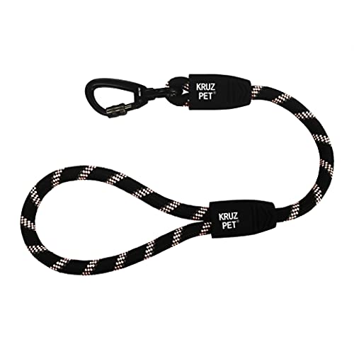 Kruz Short Traffic Leash - KZROPE5020-01L - Soft Silicone Grip - Click & Lock Snap - Heavy-Duty Reflective Dog Rope for Security, Safety and Control - Walking, Running, Training - Black - 1/2' x 20'