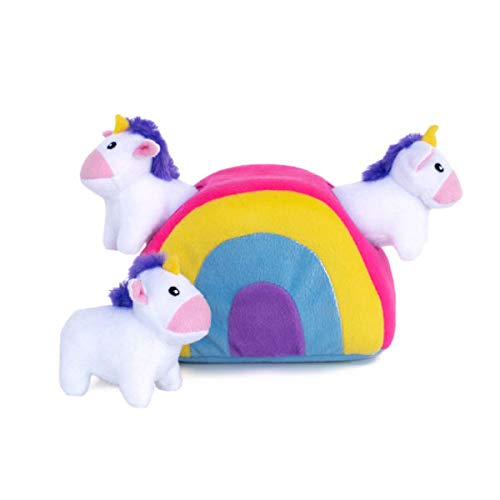 ZippyPaws - Zippy Burrow Interactive Squeaky Hide and Seek Plush Dog Toy - Unicorns in Rainbow
