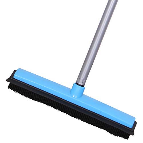LCF Pet Hair Removal Broom Carpet Rake Stairs Telescoping Broom Rubber Broom with Squeegee Outdoor Carpet Brush for Pet Dog Hair Removal 48.82'' Bristles Rug Rake Sweeper Heavy Duty(Blue)