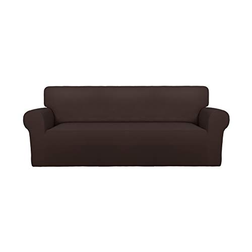 PureFit Super Stretch Chair Sofa Slipcover – Spandex Non Slip Soft Couch Sofa Cover, Washable Furniture Protector with Non Skid Foam and Elastic Bottom for Kids, Pets （Sofa， Chocolate）