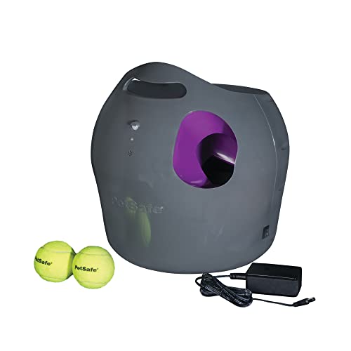 PetSafe Automatic Tennis Ball Launcher – Interactive Dog Ball Thrower – Adjustable Range – Motion Sensor – Indoor & Outdoor Toy – A/C Power or Batteries – Fetch Machine for Small to Large Dogs , Gray
