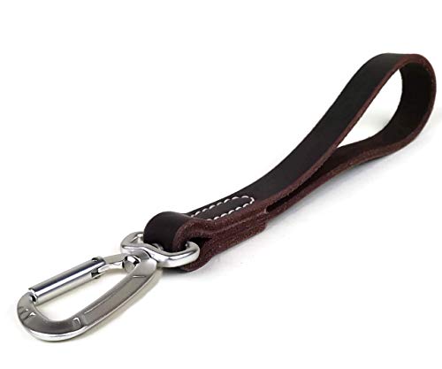 Leather Leash Tab, 12” Short Dog Leash with Carabiner Clip, Training Traffic Lead for Large Dogs (Brown, 12 Inch)