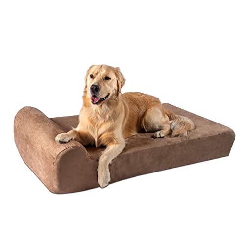 Big Barker Orthopedic Dog Bed w/Headrest - 7” Dog Bed for Large Dogs w/Washable Microsuede Cover - Elevated Dog Bed Made in The USA w/ 10-Year Warranty (Headrest, Large, Khaki)