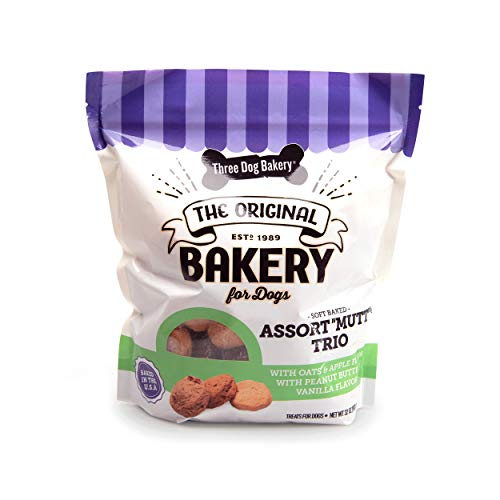 'Three Dog Bakery Assort''Mutt'' Trio, Soft Baked Cookies for Dogs, Three Flavor Pack; Oatmeal and Apple, Peanut Butter, and Vanilla, 32 Ounce Resealable Pack', 2 lb (114306)