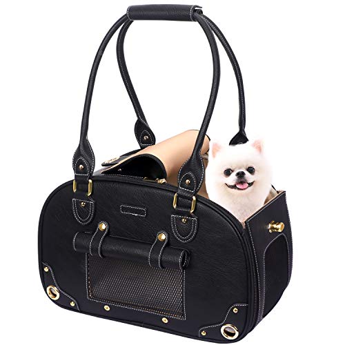 PetsHome Dog Carrier Purse, Pet Carrier, Cat Carrier, Foldable Waterproof Premium PU Leather Pet Travel Portable Bag Carrier for Cat and Small Dog Home & Outdoor Medium Black
