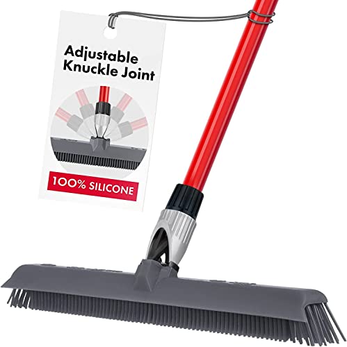 RAVMAG Silicone Broom with Squeegee - Heavy-Duty Floor Sweeper with Slanted Bristles, Adjustable Knuckle Joint & 55 Inch Long Handle - Washable Pet Hair Carpet Rake for Cement, Hardwood, Glass & Tiles