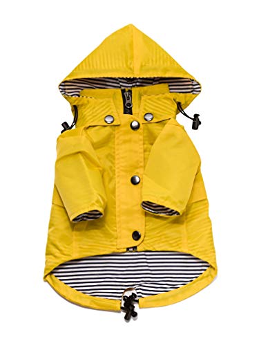Yellow Zip Up Dog Raincoat with Reflective Buttons, Pockets, Rain/Water Resistant, Adjustable Drawstring, & Removable Hood - Size XS to XXL Available - Stylish Premium Dog Raincoats by Ellie (L)