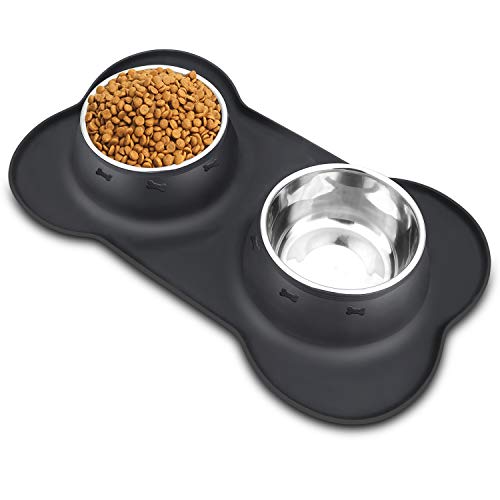 AsFrost Dog Food Bowls Stainless Steel Pet Bowls & Dog Water Bowls with No-Spill and Non-Skid, Feeder Bowls with Dog Bowl Mat for Small Medium Large Size Dogs Cats and Pets, Dog Dishes, Black, 3 Cup