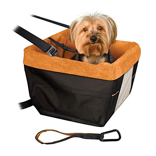 Kurgo Dog Booster Seats for Cars - Pet Car Seats for Small Dogs and Puppies Weighing Under 30 lbs - Headrest Mounted - Dog Car Seat Belt Tether Included - Skybox Style, Black/Orange