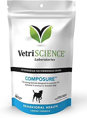 VETRISCIENCE Composure Clinically Proven Calming Chews, Chicken, 60 Chews - Fast Acting Stress, Barking and Anxiety Relief for Dogs