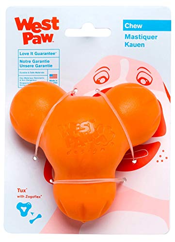 West Paw Zogoflex Tux Treat Dispensing Dog Chew Toy – Interactive Chewing Toy for Dogs – Dog Enrichment Toy – Dog Games for Aggressive Chewers, Fetch, Catch – Holds Kibble, Treats, Large 5', Tangerine
