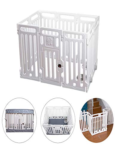VATO White Transformable Playpen Panels, Three Functions, Pet Fence, Cage, Gate. Waterproof Cover and Mat, Build-in Basins, Waterproof, Dirt-Resistant, 9 Pieces Panels and one Door with Lock,VF-001.
