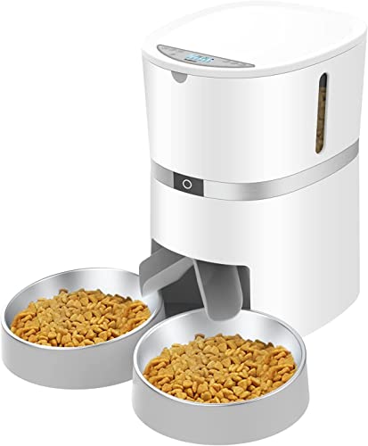 Automatic Cat Feeder, WellToBe Pet Feeder Food Dispenser for Cat & Small Dog with Two-Way Splitter and Double Bowls, up to 6 Meals with Portion Control, Voice Recorder - Battery and Plug-in Power