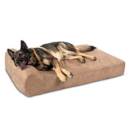 Big Barker Orthopedic Dog Bed w/Headrest - 7” Dog Bed for Large Dogs w/Washable & Chew-Resistant Microsuede Cover - Elevated Dog Bed Made in The USA w/ 10-Year Warranty (Headrest, XL, Khaki)