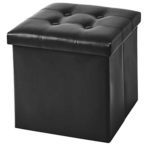 YOUDENOVA 15 inches Folding Storage Ottoman, Cube Storage Boxes Footrest Stool, Small Ottomans with Foam Padded Seat, Support 300lbs (Black, Leather)