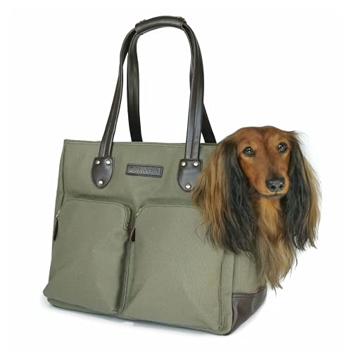 DJANGO Dog Carrier Bag - Waxed Canvas and Leather Soft-Sided Pet Travel Tote with Bag-to-Harness Safety Tether & Secure Zipper Pockets (Medium, Olive Green)