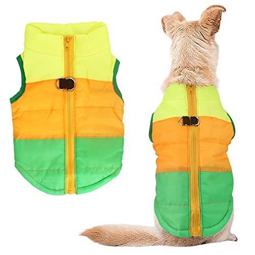 Idepet Pet Dog Cat Coat with Leash Anchor Color Patchwork Padded Puppy Teddy Chihuahua Jacket Vest Costumes Pug Clothes (XS, Green)