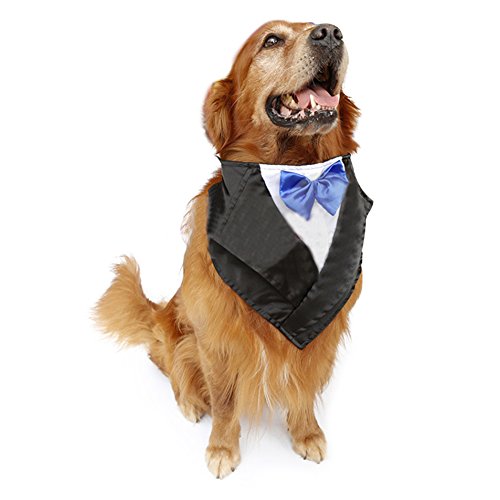 NACOCO Wedding Tuxedo Large Dog Bandana Scarf Adjustable Cat Collar Neckerchief Pet Dress-up Clothes Dog Costumes for Wedding Party or Halloween (Blue)