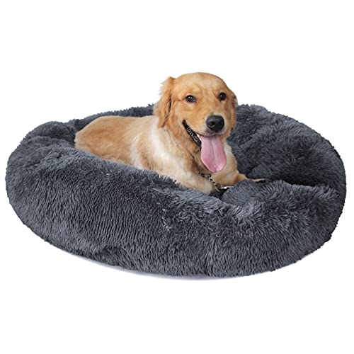 Round Dog Beds for Large Dogs Washable Shag Faux Fur Donut Cuddler 48 inches - Primarily Calming Anti Anxiety Soft Warm Pet Bed for Large Dogs up to 150 Pounds