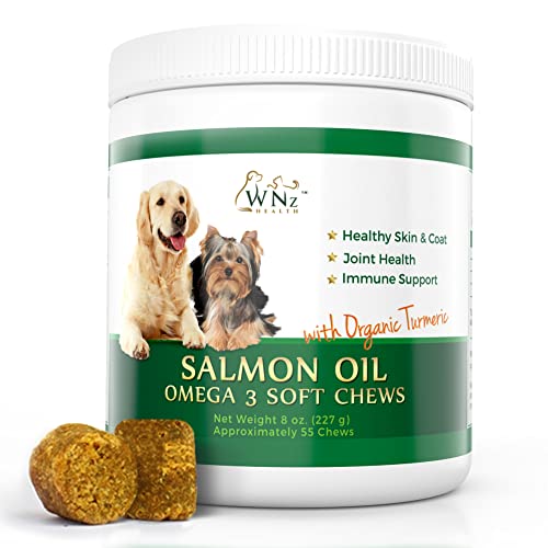 Omega 3 Skin and Coat Chews for Dogs, Dog Salmon Oil Supplement for Joint Pain Relief, Immune Support, Skin and Coat Supplements for Dogs, Chewable Dog Treats for Itchy Skin Relief, 55 Chews, 8 Oz