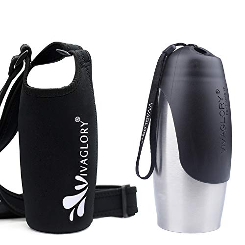 Vivaglory 25oz Leakproof Stainless Steel Dog Water Bottle and Black Neoprene Water Bottle Carrier with Adjustable Wide Shoulder Strap