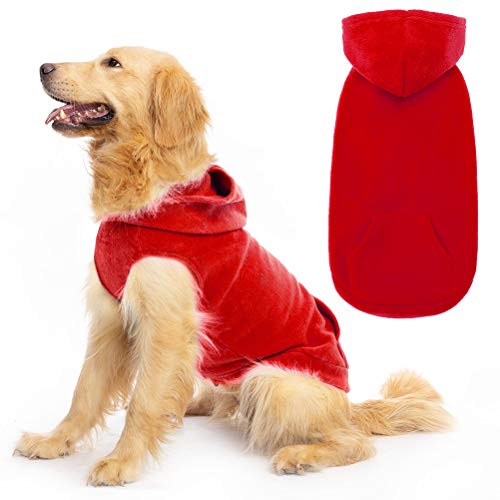 EXPAWLORER Fleece Dog Hoodies with Pocket, Cold Weather Spring Vest Sweatshirt with O-Ring, Red L
