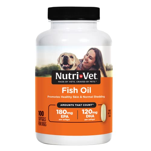 Nutri-Vet Fish Oil Supplements for Dogs | Skin and Coat Omega 3 Supplement | Dog Dry Skin & Dog Shedding Support | 100 Count Softgels