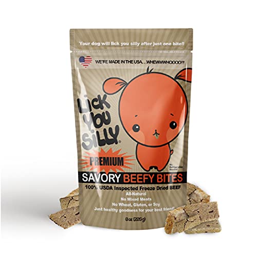 Lick You Silly-Grainfree,All-Natural Freeze-Dried Beef Liver Dog Treats Full of Vital Essentials Made in The USA for Small, Medium and Large Dogs-Best Puppies Training Treats Bag-8 Ounce Snacks Pouch