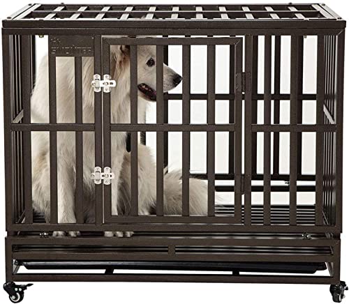 SMONTER 38' Heavy Duty Strong Metal Dog Cage Pet Kennel Crate Playpen with Wheels, I Shape, Brown …