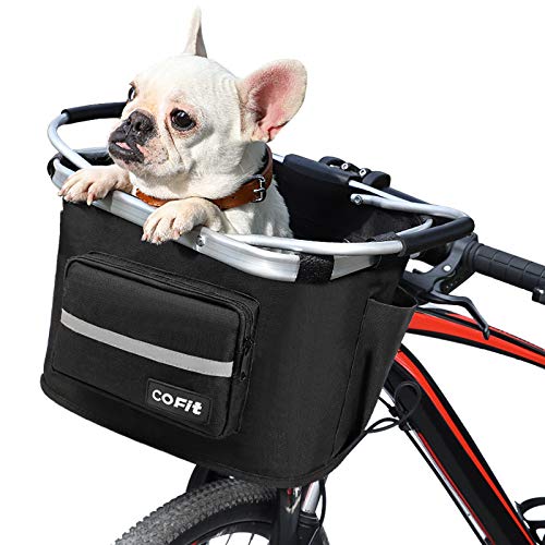 COFIT Detachable Bike Basket, Multi-Purpose Bicycle Front Basket for Pet, Shopping, Commuting, Camping and Outdoor, Upgraded with Pouches Black