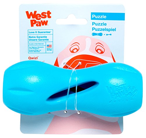 West Paw Zogoflex Qwizl Dog Puzzle Treat Toy – Interactive Chew Toy for Dogs – Dispenses Pet Treats – Brightly-Colored Dog Puzzles for Aggressive Chewers, Fetch, Catch, Non-Toxic Small 5.5', Aqua Blue