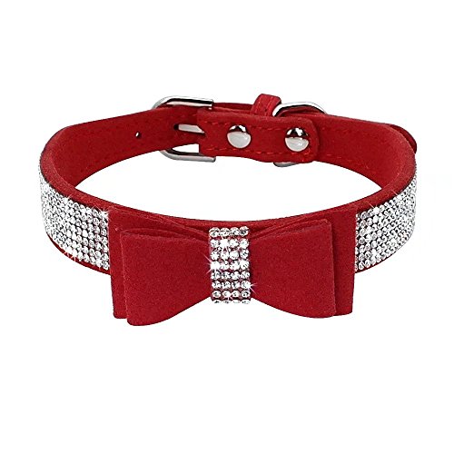 Beirui Rhinestone Bling Leather Dog & Cat Collar - Flocking Sparkly Crystal Diamonds Studded - Cute Double Bowknot for Pet Show & Daily Walking,Red,Medium Neck fit 12.5-15'