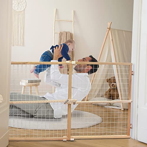 Toddleroo by North States 50' Wide Extra Wide Wire Mesh Baby Gate, Made in USA: Installs in Wide Opening Without damaging Wall. Pressure Mount. Fits 29.5'-50' Wide (32' Tall, Sustainable Hardwood)