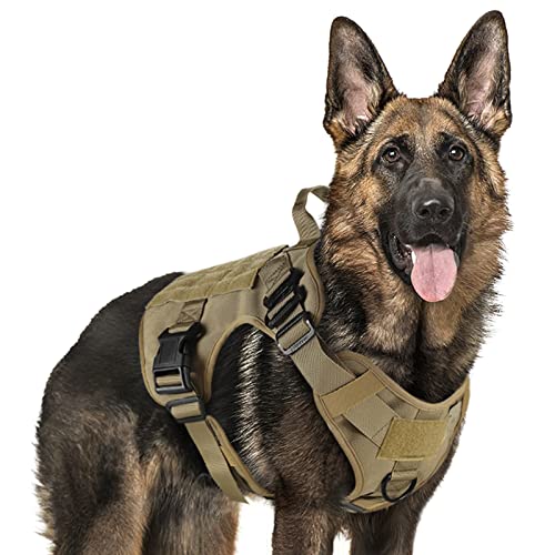 rabbitgoo Tactical Dog Harness for Large Dogs, Military Dog Harness with Handle, No-Pull Service Dog Vest with Molle & Loop Panels, Adjustable Dog Vest Harness for Training Hunting Walking, Tan, L