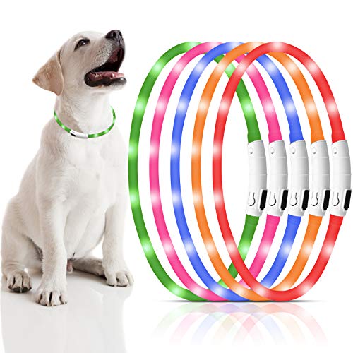 5 Pieces LED Dog Collar USB Rechargeable Light up Dog Collar Silicone Pet Safety Collar with 3 Glowing Modes Adjustable Pet LED Light Collar Cuttable for Small Medium Large Dogs at Night