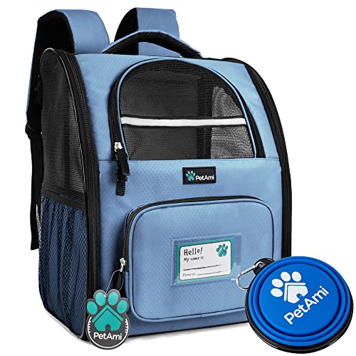 PetAmi Deluxe Pet Carrier Backpack for Small Cats and Dogs, Puppies | Ventilated Design, Two-Sided Entry, Safety Features and Cushion Back Support | for Travel, Hiking, Outdoor Use (Light Blue)