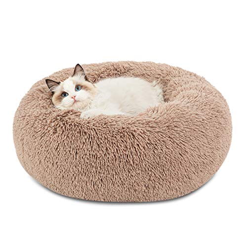 Bedsure Calming Cat Beds for Indoor Cats - Small Cat Bed Washable 20 inches, Anti Anxiety Round Fluffy Plush Faux Fur Pet Bed, Fits up to 15 lbs Pets, Camel