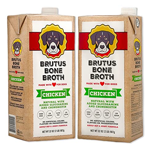 Brutus Bone Broth for Dogs 64 oz| All Natural| Made in USA| Glucosamine & Chondroitin for Healthy Joints| Human Grade Ingredients| Hydrating Dog Food Topper & Gravy for All Ages(Chicken 2-Pack)