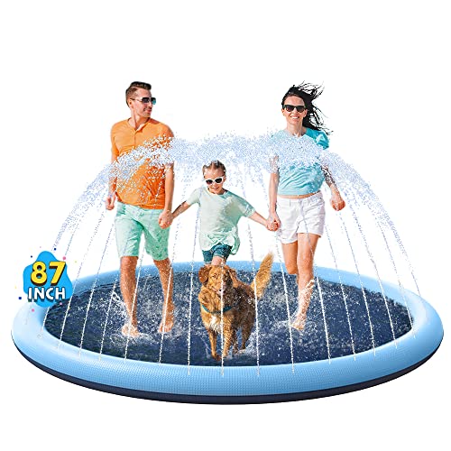 VISTOP Non-Slip Splash Pad for Kids and Dog, Thicken Sprinkler Pool Summer Outdoor Water Toys - Fun Backyard Fountain Play Mat for Baby Girls Boys Children or Pet Dog (87 inch, Blue&Blue)