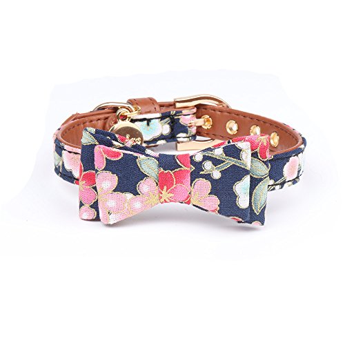 YIEPAL Small Dog Collar with Bow Tie Cute Leather Puppy Bow Collar for Girl Cat Collar for Kitten Adjustable Metal Buckle,(Medium, Blue Floral)