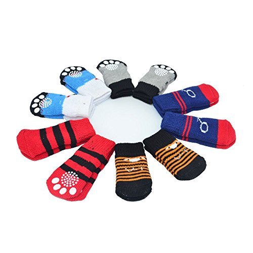 CONXKI Traction Control Cotton Socks Indoor Dog Nonskid Knit Socks 5 Pack (20 Pieces Socks), 4 Velcro and Color Shown