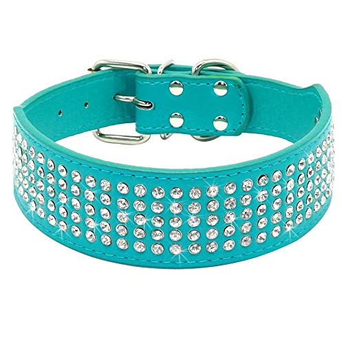 Berry Pet Rhinestones Dog Collars - 5 Rows Full Sparkly Crystal Diamonds Studded PU Leather - 2 Inch Wide -Beautiful Bling Pet Appearance for Medium & Large Dogs,19-22' Turquoise