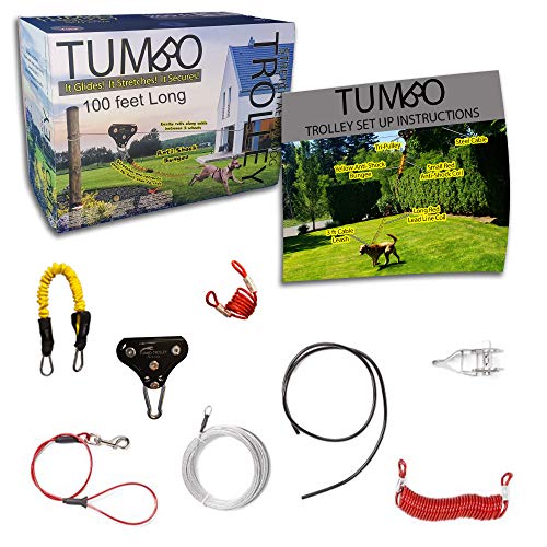 Tumbo Xtreme Trolley 100 ft - Anti-Shock Aerial Dog Runner for Yard - Heavy Duty Pulley - Large Dog Gear - Best Dog Run Zipline for Backyards - Trolley System Camping - 100ft / 150ft / 200ft