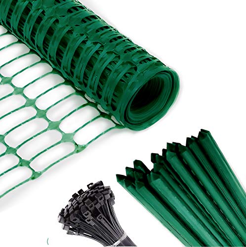 Safety Fence + 25 Steel Plant Stakes, Extra Strength Mesh Snow Fencing, Temporary Green Plastic Garden Netting 4x100 Feet Fence & 25, 4 Foot Stakes, Above Ground Barrier for Construction Dogs Plants