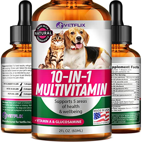 Vetflix Pet Vitamins 10-in-1 Made in USA - Natural Glucosamine for Dogs & Cats, Essential Multivitamin Blend for Pet Joint Health, Longevity, Gut & Immune Health - All Ages, Breeds and Sizes 2 fl oz