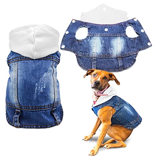 SILD Pet Clothes Dog Jeans Jacket Cool Blue Denim Coat Small Medium Dogs Lapel Vests Classic Hoodies Puppy Blue Vintage Washed Clothes (White,XS)