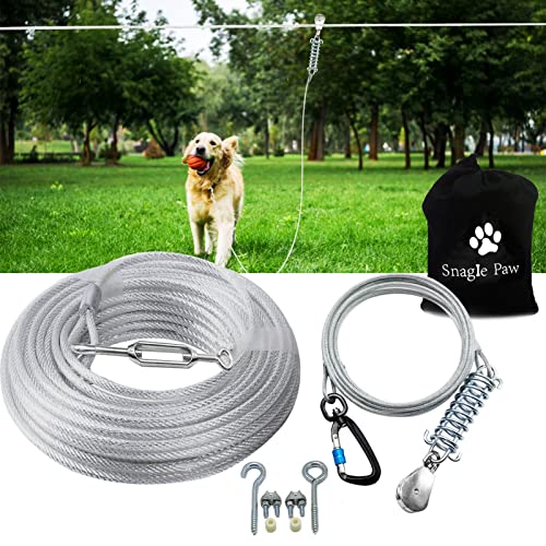 Snagle Paw Dog Tie Out Runner for Yard,Trolley System for Large Dogs, Dog Zipline Aerial Tie Out Cable with 10ft Pulley Runner Line for Dogs Up to 125lbs for Yard or Camping,75ft