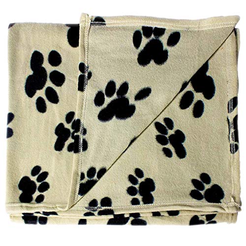 bogo Brands Large Fleece Pet Blanket with Paw Print Pattern Fabric - 60 x 39 Dog and Cat Throw (Tan & Black)