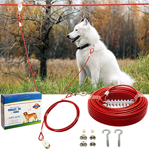 PUPTECK Dog Run Cable, 100 ft Heavy Weight Tie Out Cable with 10 Feet Runner for Dog up to 125lbs, Red