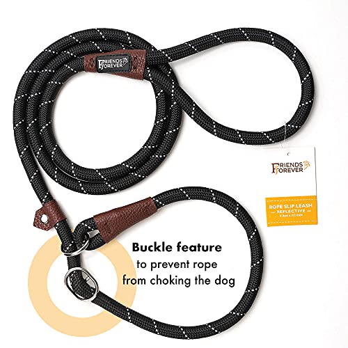 Friends Forever Extremely Durable Dog Rope Leash, Premium Quality Training Slip Lead, Reflective, Thick Heavy Duty, Sturdy Nylon, Comfortable For The Strong Large Medium Small Pets 6 feet, Black